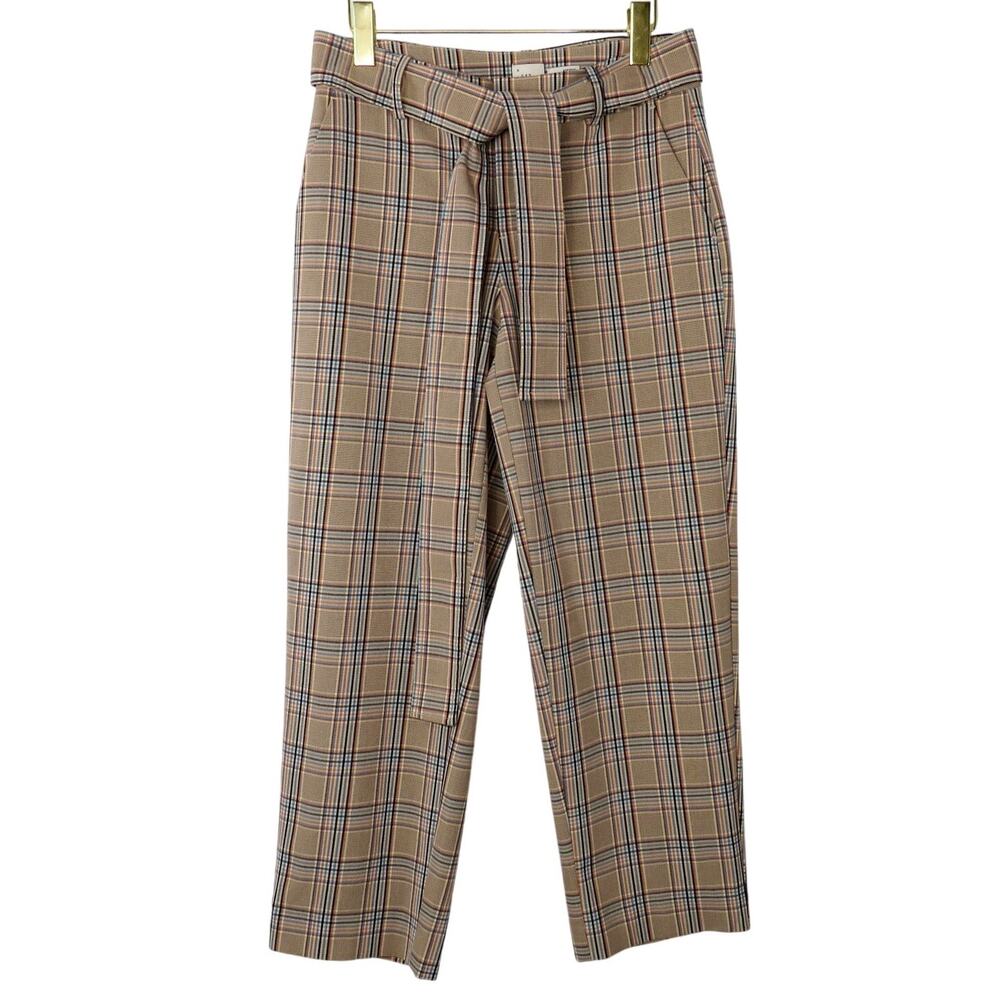 A New Day Beige Plaid High Rise Tie Waist Straight Leg Pants Trousers Size 4 - Picture 2 of 5